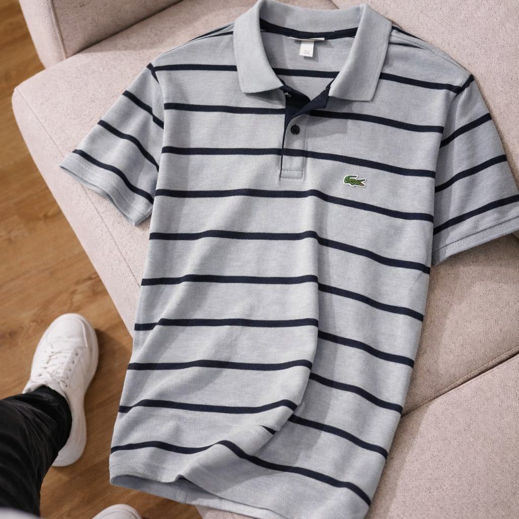 Lacoste Gri Çizgili Polo Yaka Tişört