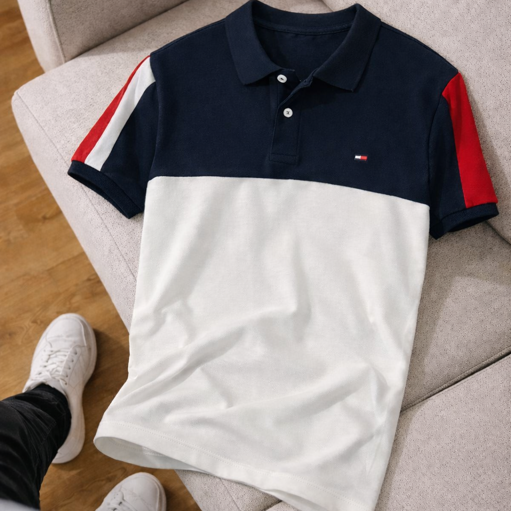 Tommy Hilfiger Lacivert Beyaz Renk Bloklu Polo Yaka Tişört