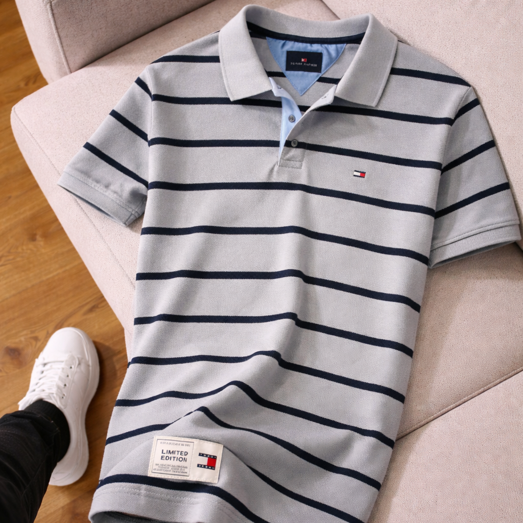 Tommy Hilfiger Çizgili Polo Yaka Tişört – Gri Lacivert
