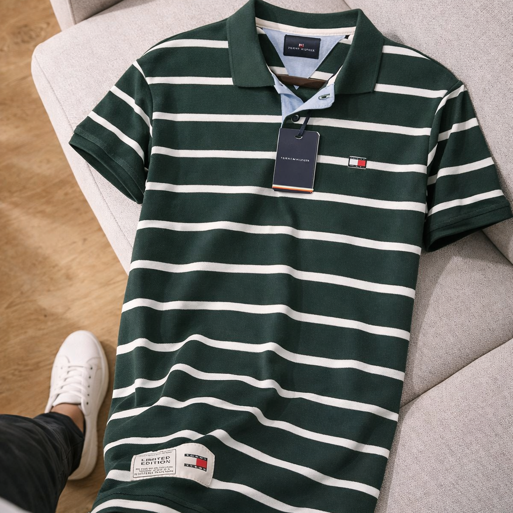 Tommy Hilfiger Yakalı Çizgili Nakışlı Yeşil Premium Polo T-Shirt