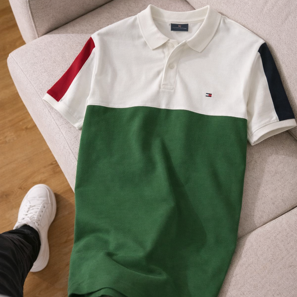 Tommy Hilf. Renk Bloklu Polo Yaka Tişört – Yeşil/Beyaz