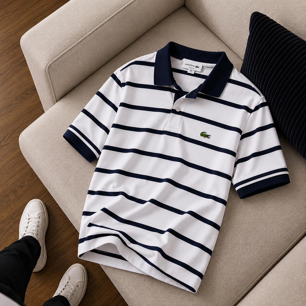 “LACOSTE” Çizgili Polo Yaka Erkek Tişört – Beyaz Lacivert