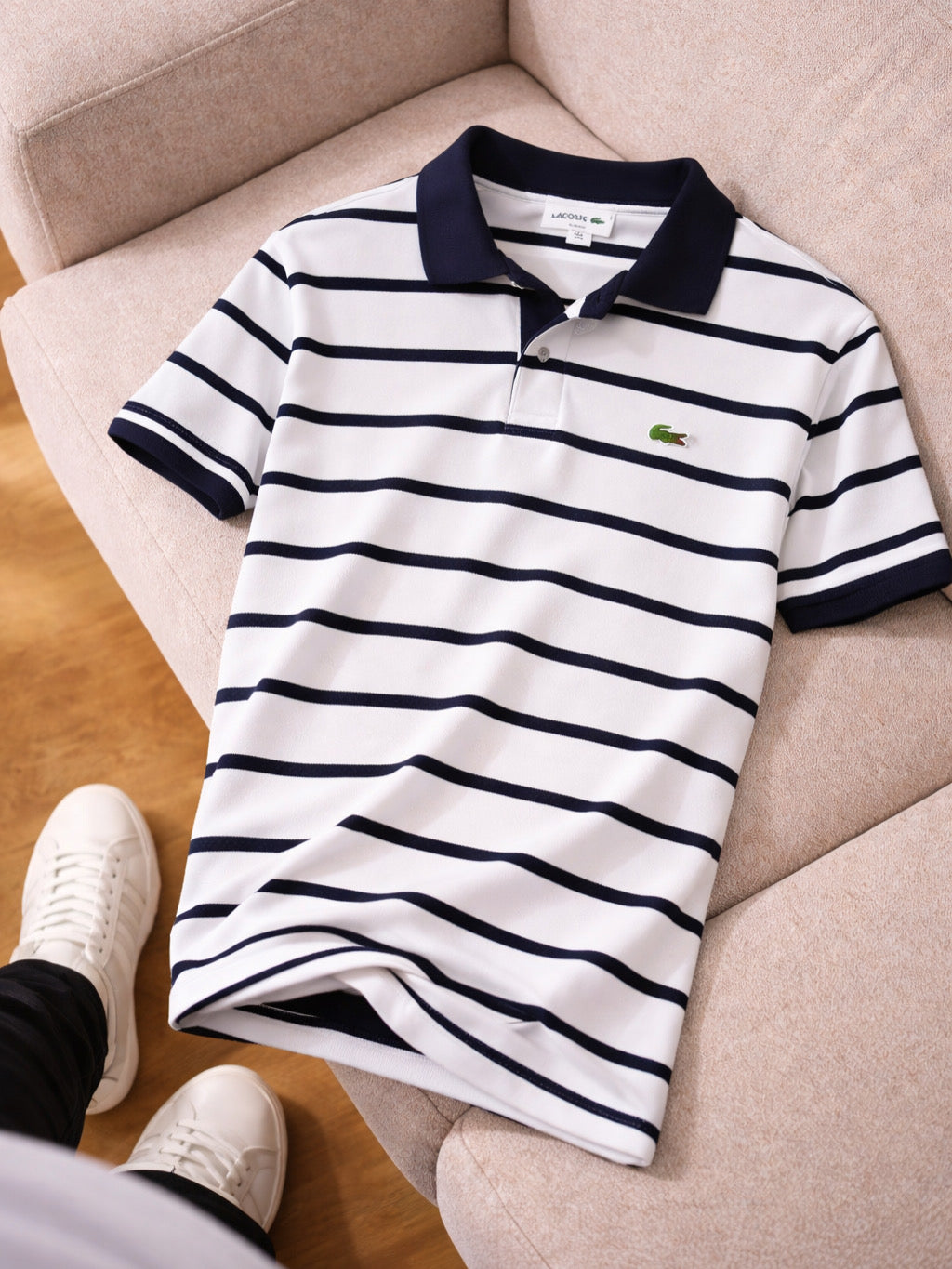 Lacoste Çizgili Polo Yaka Tişört – Beyaz Lacivert