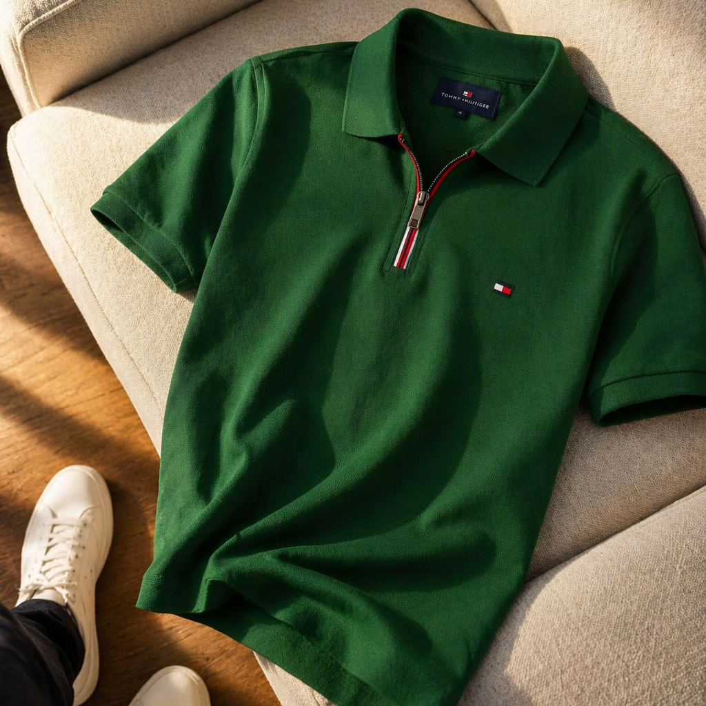 Tommy Hilfiger Fermuarlı Polo Yaka Tişört – Premium Kumaş | Yeşil