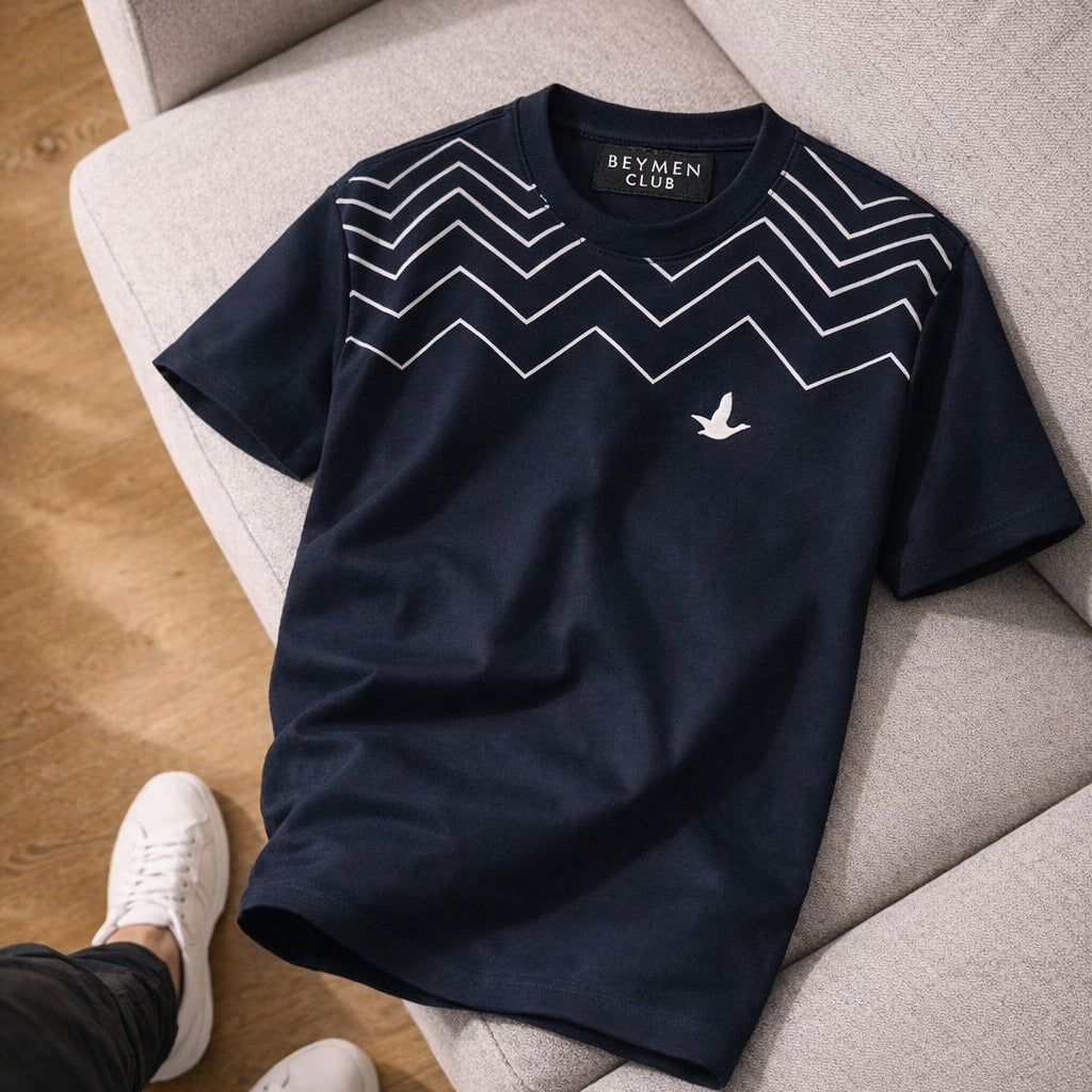 Beymen Club Bisiklet Yaka Zigzag Desenli Lacivert Premium T-Shirt