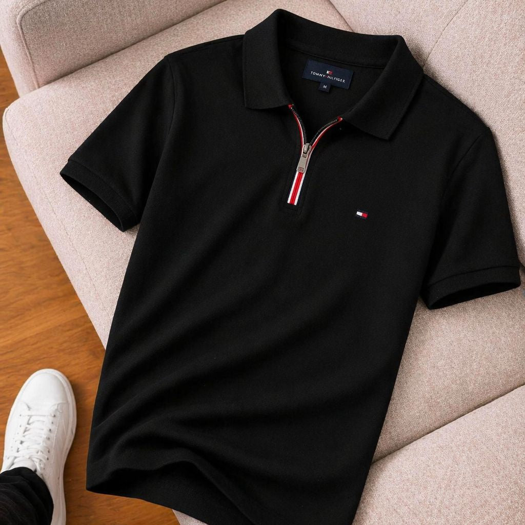 Tommy Hilfiger Detaylı Fermuarlı Siyah Polo T-Shirt