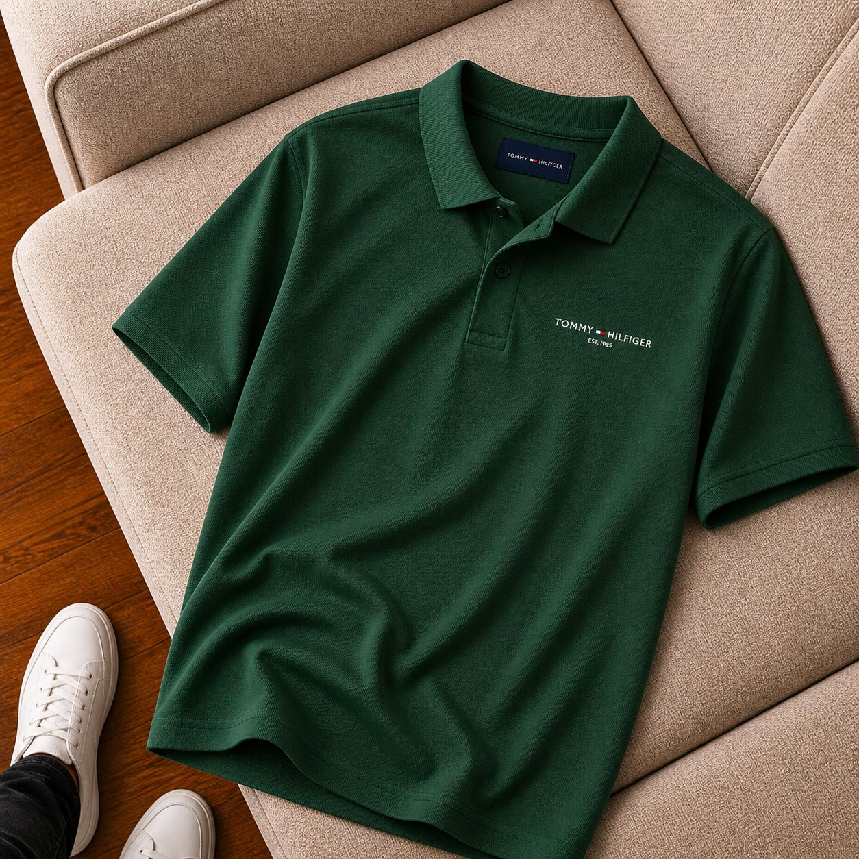 "Tommy Hilfiger" Polo Yaka Koyu Yeşil Basic Tişört