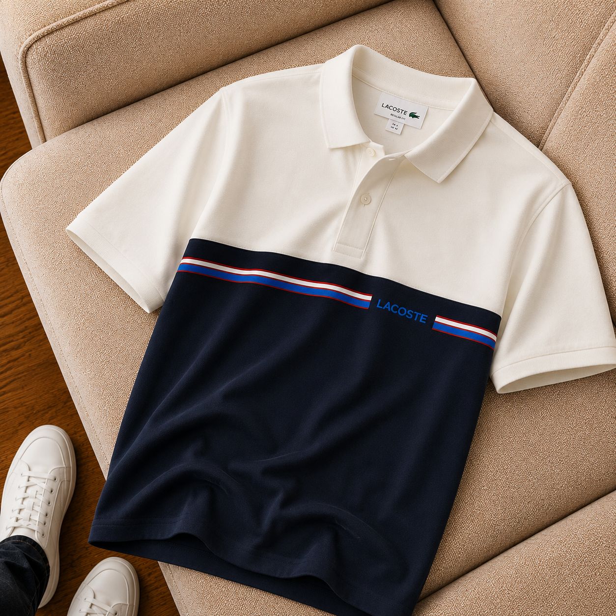 "Lacoste" Polo Yaka Beyaz Lacivert Şerit Detaylı Tişört