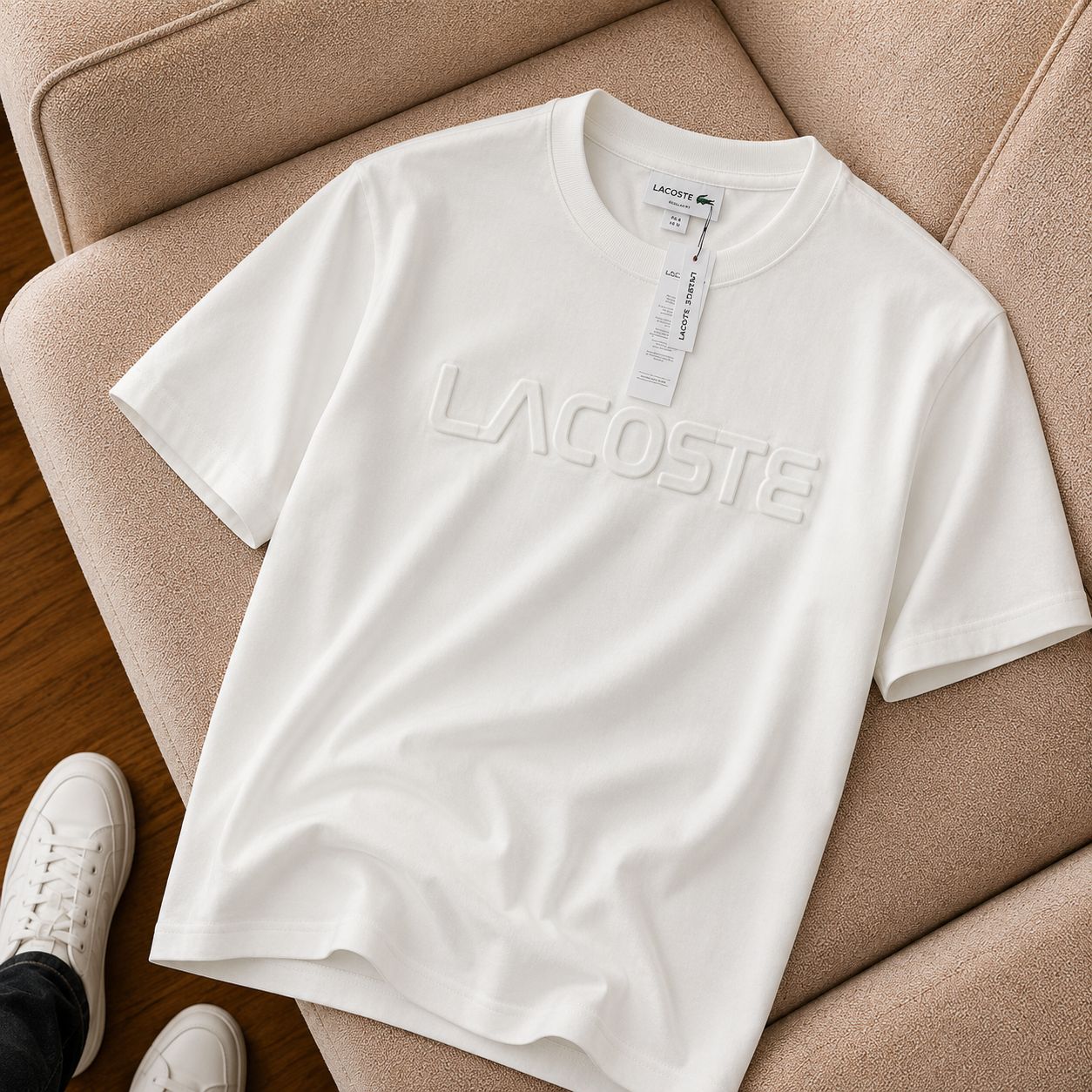 "Lacoste" Bisiklet Yaka Beyaz Kabartma Logo Tişört
