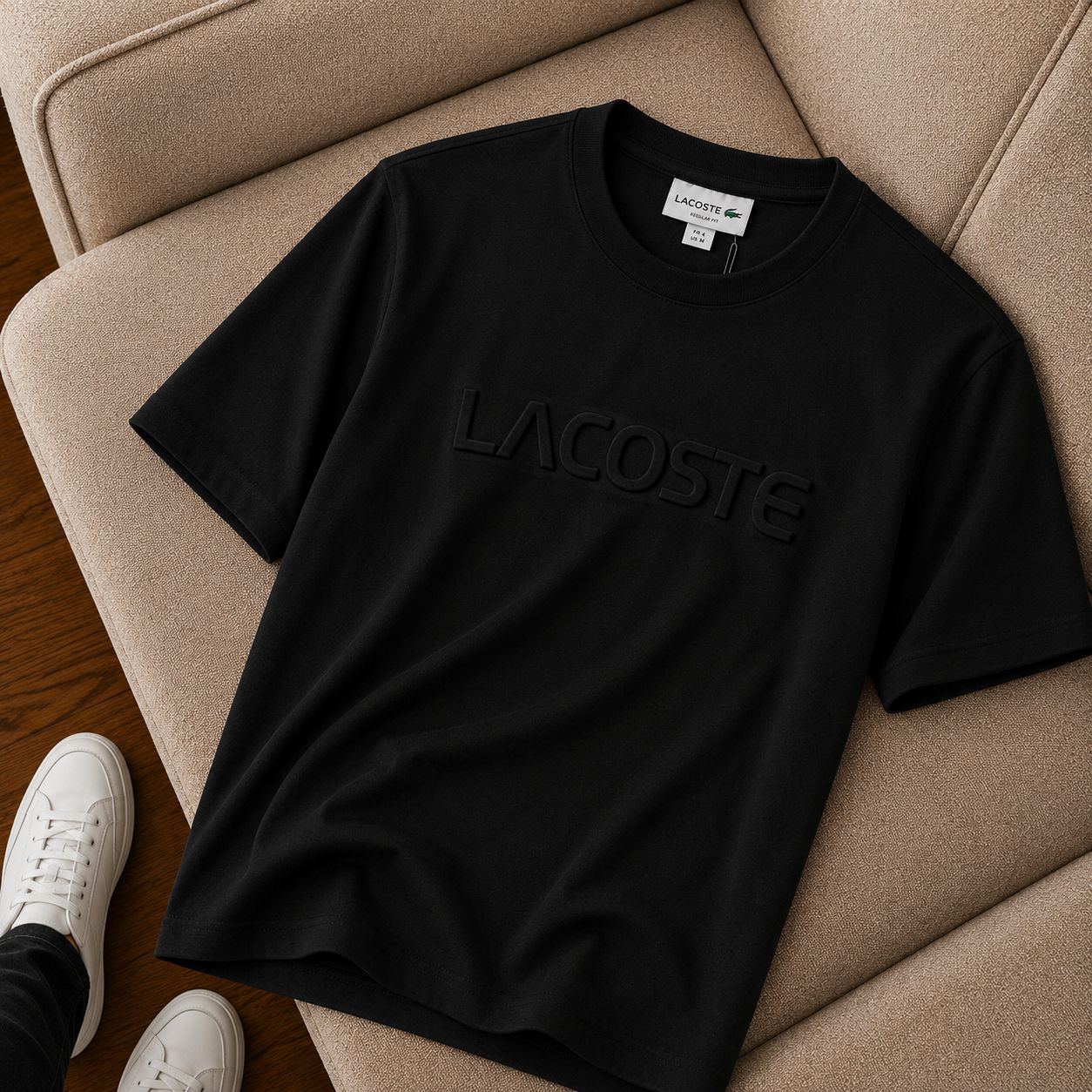 "Lacoste" Bisiklet Yaka Siyah Kabartma Logo Tişört
