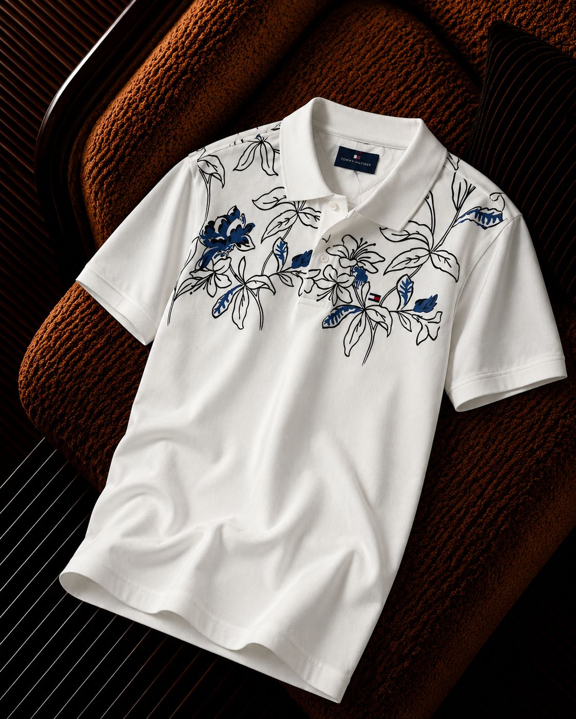 “Tommy Hilfiger” Çiçek Desenli Polo Yaka Erkek Tişört – Beyaz Premium Seri