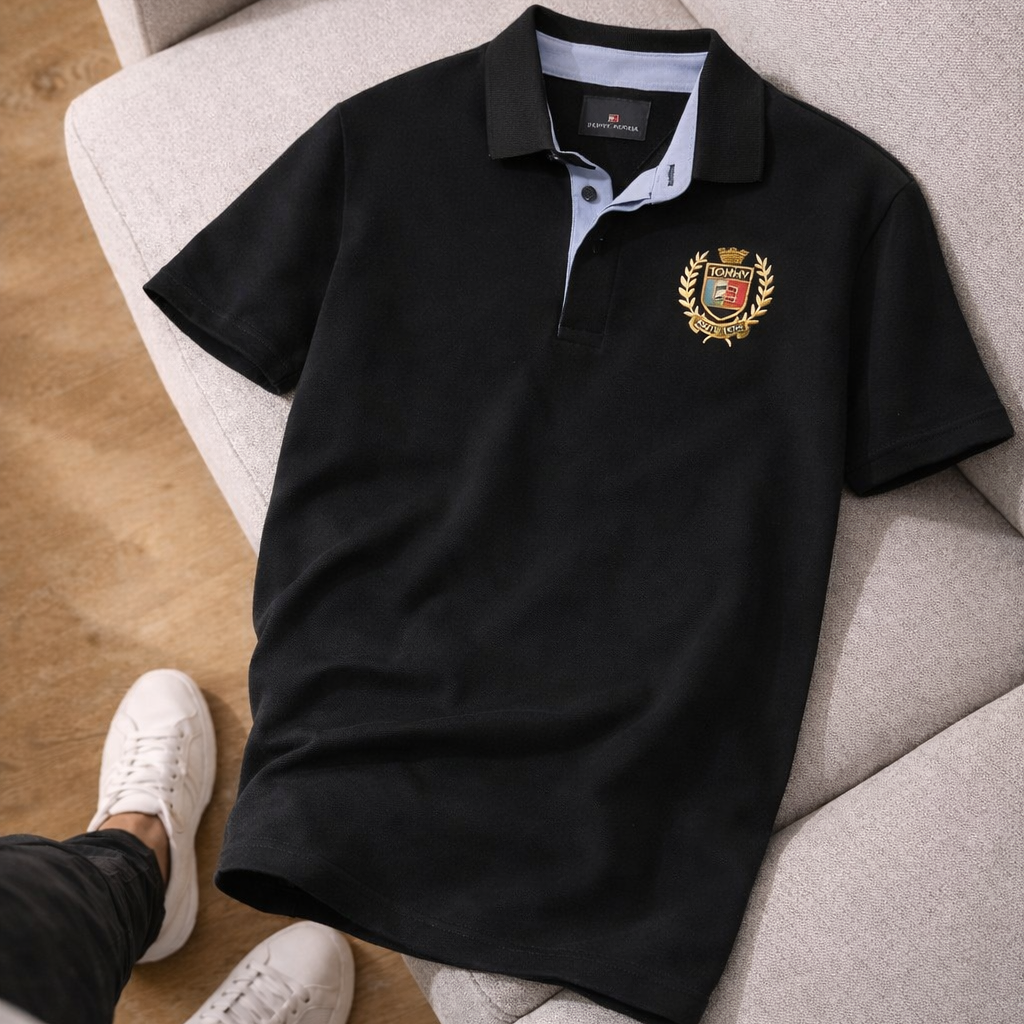 Tommy Hilfiger Yakalı Nakışlı Siyah Premium Polo T-Shirt