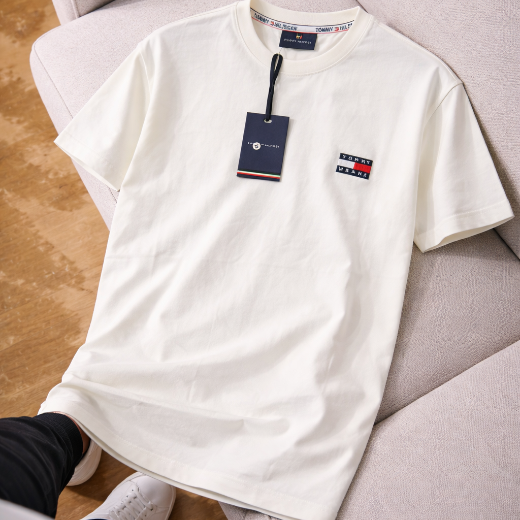 Tommy Hilfiger Bisiklet Yaka Nakışlı Beyaz Premium T-Shirt